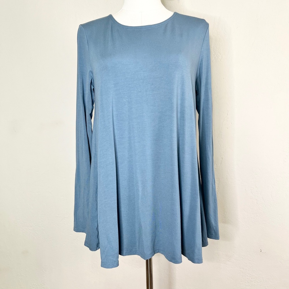 Eileen Fisher Petite Large Blue Viscose Spandex Long Sleeve Top Shirt USA Made